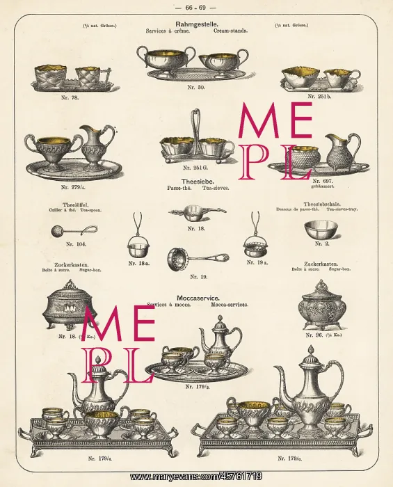 : Cream stand, tea strainer, tea tray, mocca : Cream stand, tea strainer, tea tray, mocca