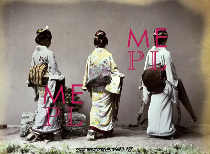 : Creative. Three young geishas pose from the rear : Creative. Three young geishas pose from the rear