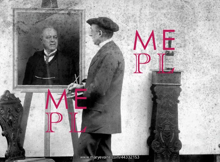 : Creative. Humorous scene showing a painter while taking a portrait of a man : Creative. Humorous scene showing a painter while taking a portrait of a man