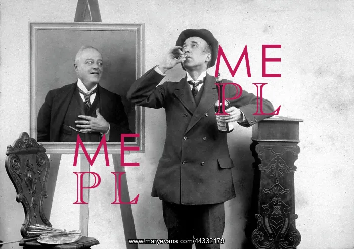  : Creative. Humorous scene showing a painter while drinking a glass of alcohol