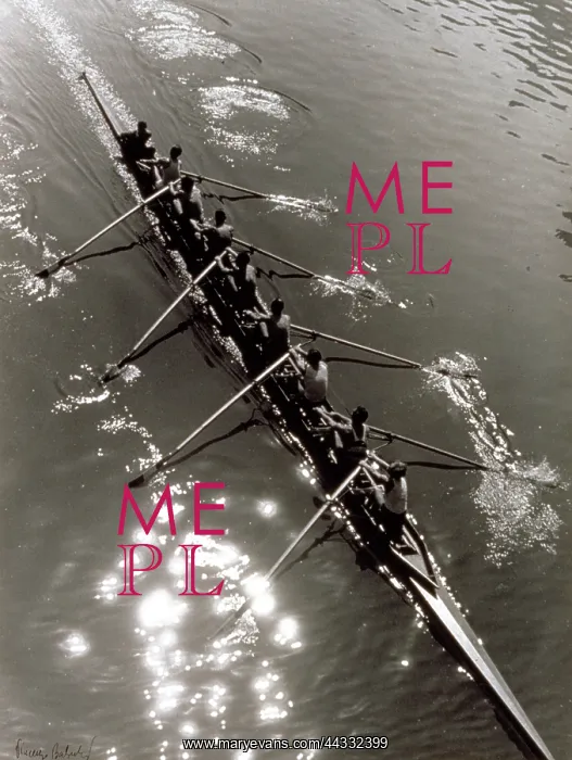 : Creative. Rower. Photograph showing a boat from above, with rowers on board, during a race : Creative. Rower. Photograph showing a boat from above, with rowers on board, during a race