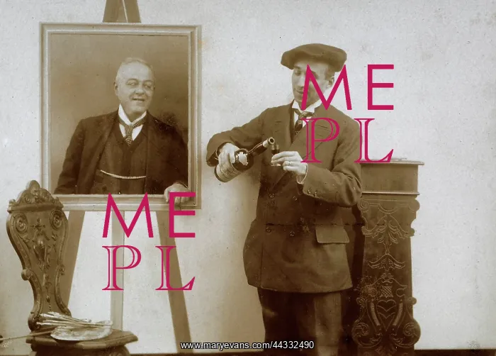 : Creative. Humorous scene showing a painter who pours something to drink in a glass