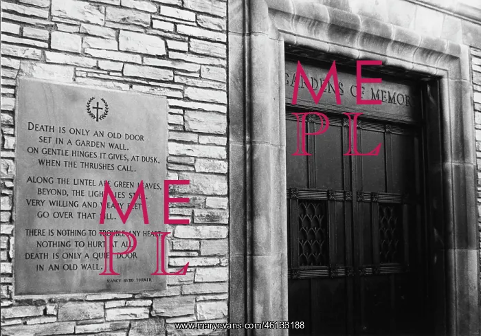 : Crematorium ext. with doorway, with poem on the wall : Crematorium ext. with doorway, with poem on the wall