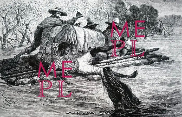 : One of Crevaux's party being attacked by a Caymen : One of Crevaux's party being attacked by a Caymen