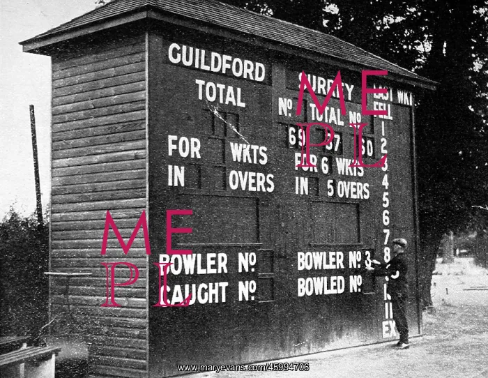 : Cricket Scoreboard at Guildford, Surrey 1938 : Cricket Scoreboard at Guildford, Surrey 1938