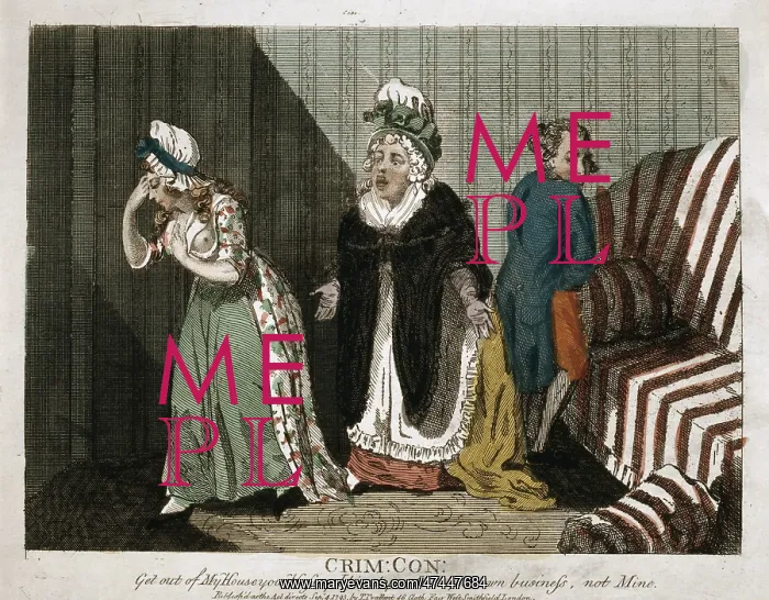 : Crim. con. Cartoon print showing a woman who has taken an amorous couple by surprise, : Crim. con. Cartoon print showing a woman who has taken an amorous couple by surprise,