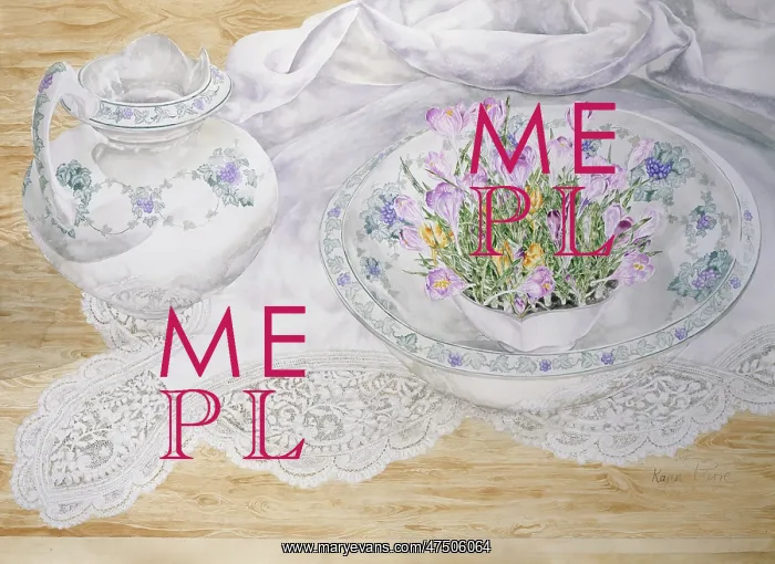 : Crocuses, Jug, Bowl and White Lace Tablecloth : Crocuses, Jug, Bowl and White Lace Tablecloth