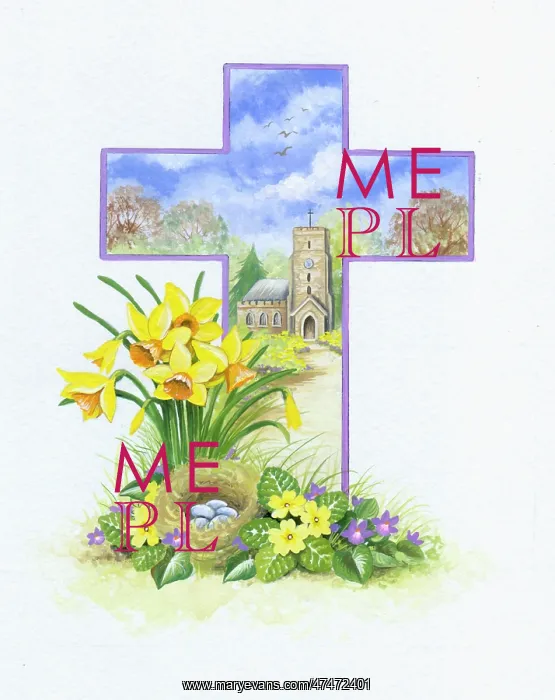  : Cross with church, spring flowers and nest
