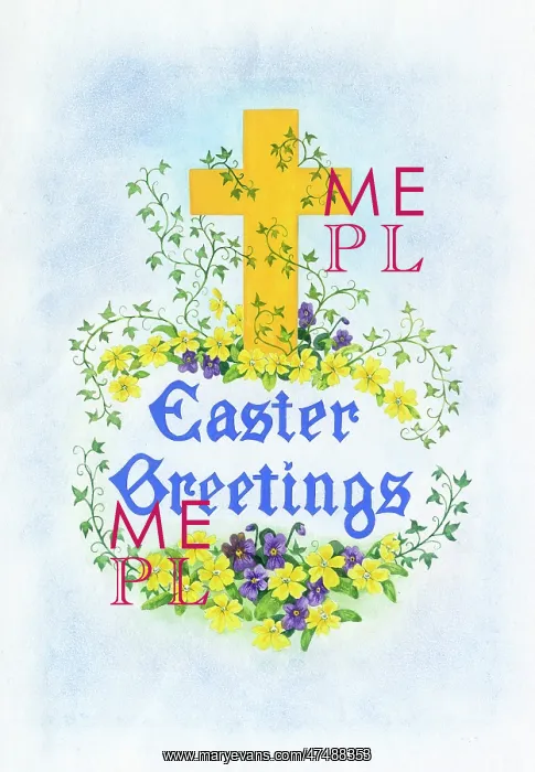 : Cross with primroses and'Easter Greetings : Cross with primroses and'Easter Greetings