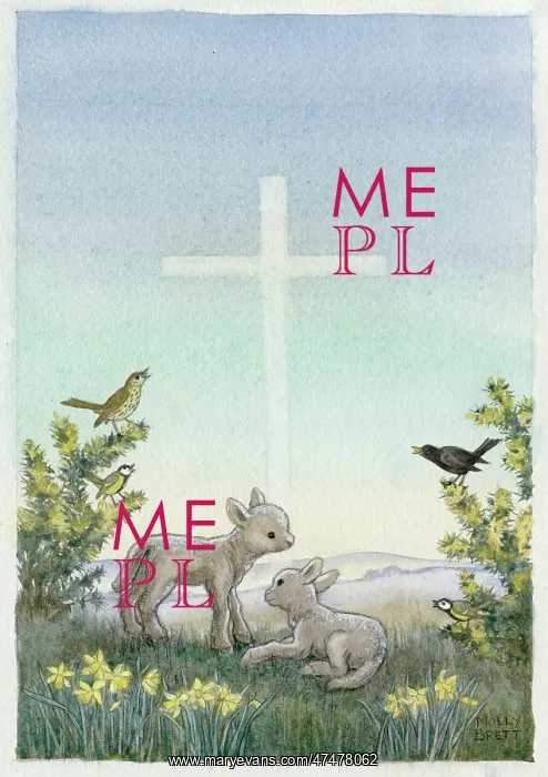 : Cross in the sky with two lambs in meadow : Cross in the sky with two lambs in meadow