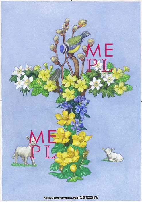 : Cross of Spring Flowers with lambs and blue tit : Cross of Spring Flowers with lambs and blue tit