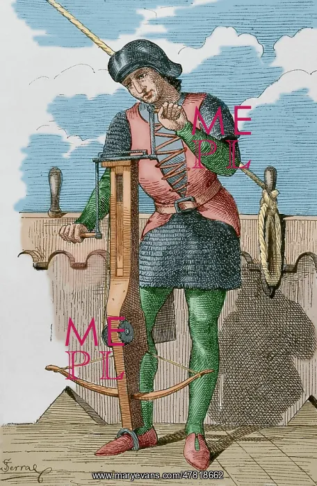 : Crossbowman. Engraving by Serra (after a 14th century codex) : Crossbowman. Engraving by Serra (after a 14th century codex)