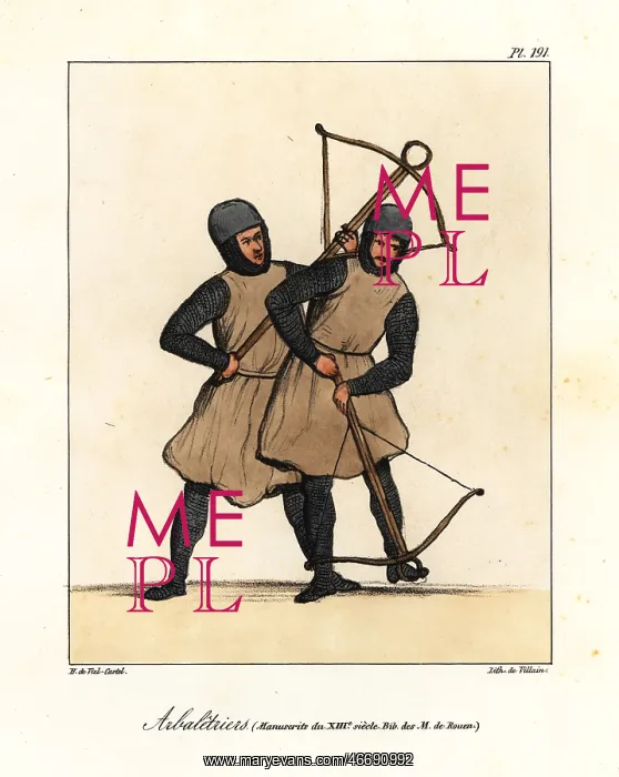 : Crossbowmen in helmets, chaimnail armor, tunics : Crossbowmen in helmets, chaimnail armor, tunics