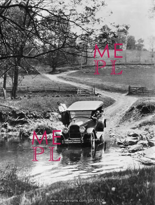 : Crossing a stream in the car, 1928 : Crossing a stream in the car, 1928