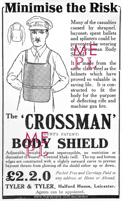 : Crossman Body Shield advertisement, World War I : Crossman Body Shield advertisement, World War I
