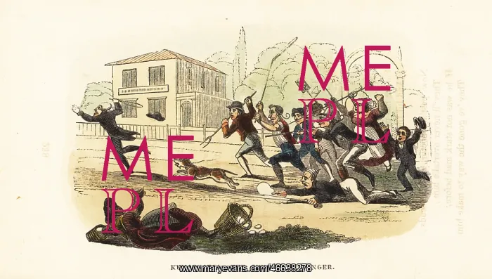 : A crowd of armed people chasing a rabid dog through : A crowd of armed people chasing a rabid dog through
