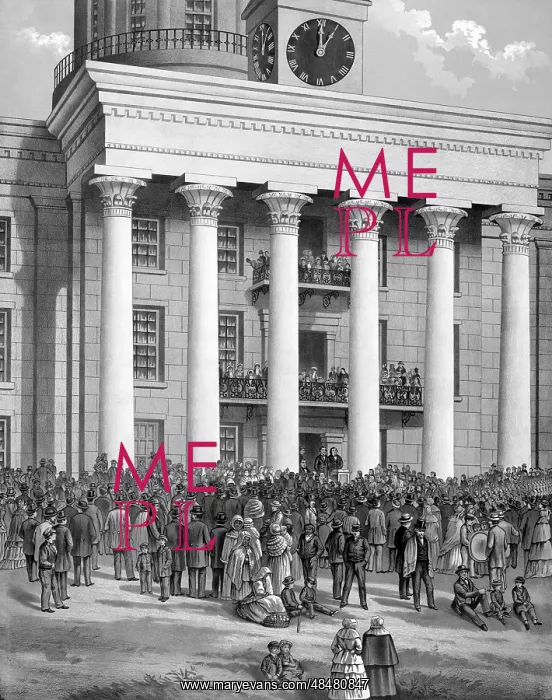 : A crowd gathered in front of the capitol building : A crowd gathered in front of the capitol building