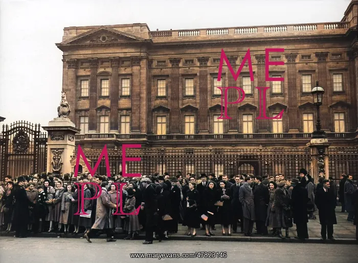 : A crowd gathered outside the gates of Buckingham Palace : A crowd gathered outside the gates of Buckingham Palace
