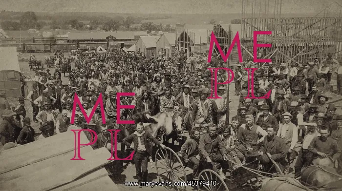 : Crowd of men, most looking toward the photographer : Crowd of men, most looking toward the photographer