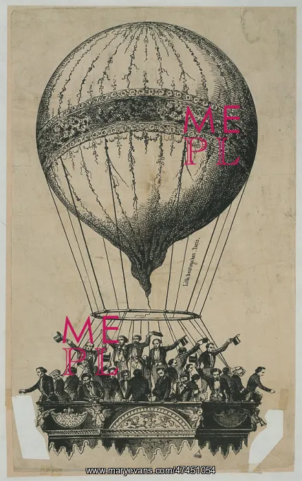 : Crowd of passengers wave from basket of ascending balloon : Crowd of passengers wave from basket of ascending balloon