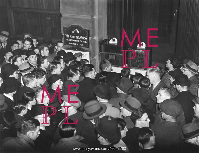 : Crowds listening to a broadcast of the abdication speech : Crowds listening to a broadcast of the abdication speech
