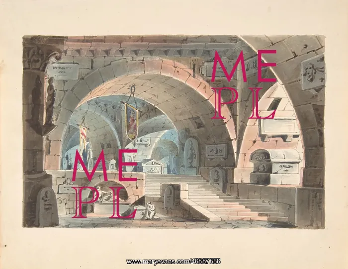 : Crypt with a Kneeling Mourner, 1830?40, Watercolor : Crypt with a Kneeling Mourner, 1830?40, Watercolor