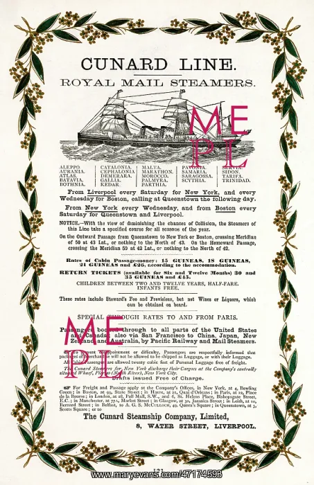  : CUNARD TIMETABLE 1883