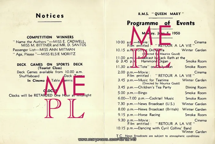 : Cunard White Star, RMS Queen Mary, Programme of Events : Cunard White Star, RMS Queen Mary, Programme of Events
