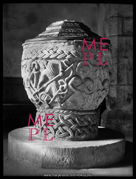 : Detail of a cup-shaped font carved with multiple scenes : Detail of a cup-shaped font carved with multiple scenes