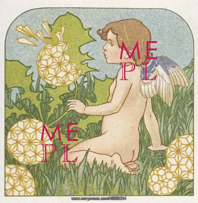  : Cupid blowing dandelion seeds in a garden