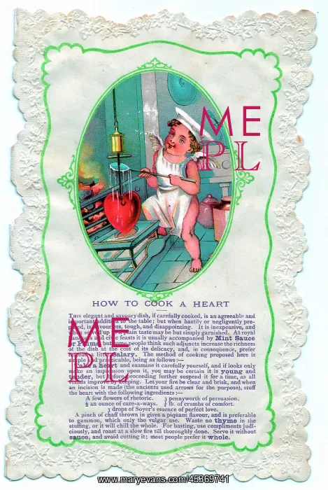 : Cupid with cooking guidance on a comic Valentine card : Cupid with cooking guidance on a comic Valentine card