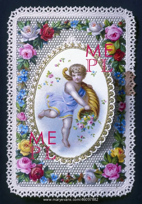 : Cupid with cornucopia and flowers, greeting card : Cupid with cornucopia and flowers, greeting card