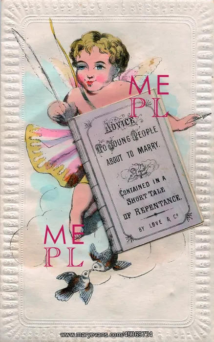 : Cupid with good advice on a comic Valentine card : Cupid with good advice on a comic Valentine card