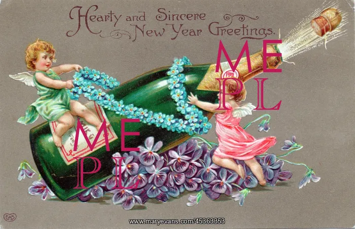 : Cupids with a bottle of champagne on a New Year postcard : Cupids with a bottle of champagne on a New Year postcard