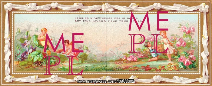 : Cupids in a garden on a panoramic Valentine card : Cupids in a garden on a panoramic Valentine card
