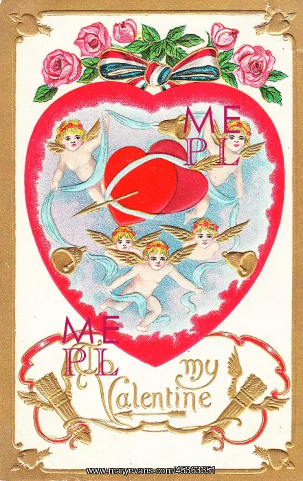 : Cupids with hearts and flowers on a Valentine postcard : Cupids with hearts and flowers on a Valentine postcard