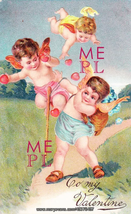 : Cupids with hearts and flowers on a Valentine postcard : Cupids with hearts and flowers on a Valentine postcard