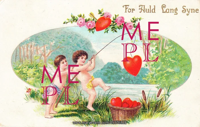 : Cupids with red hearts on a New Year postcard : Cupids with red hearts on a New Year postcard