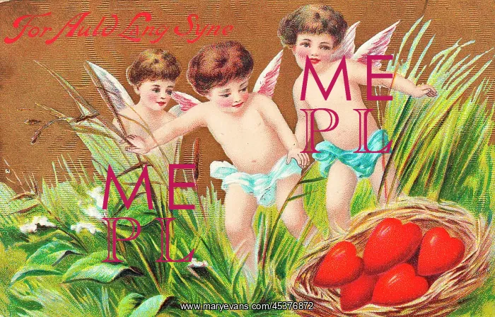 : Cupids with red hearts on a New Year postcard : Cupids with red hearts on a New Year postcard
