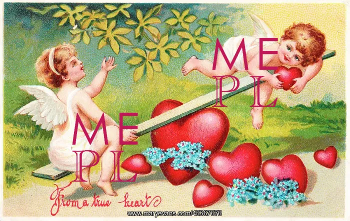 : Cupids on a seesaw on a Valentine postcard : Cupids on a seesaw on a Valentine postcard