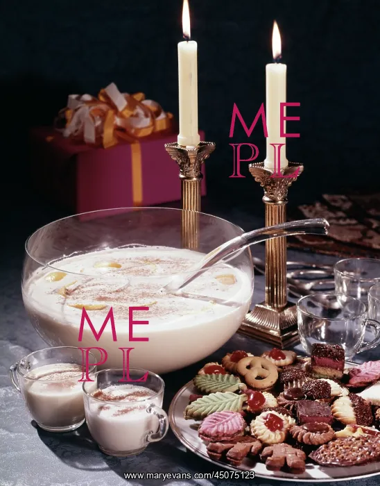 : Cups Ladle and Bowl of Christmas Eggnog Beverage : Cups Ladle and Bowl of Christmas Eggnog Beverage