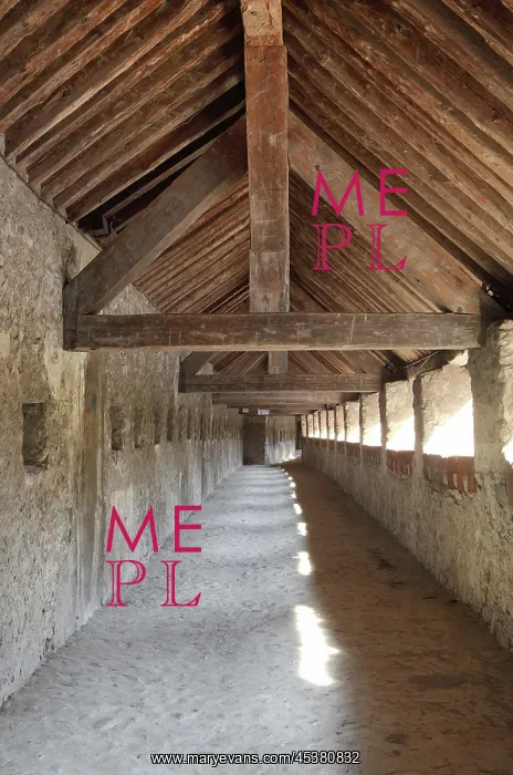 : Curtain wall and beamed ceiling within ramparts : Curtain wall and beamed ceiling within ramparts