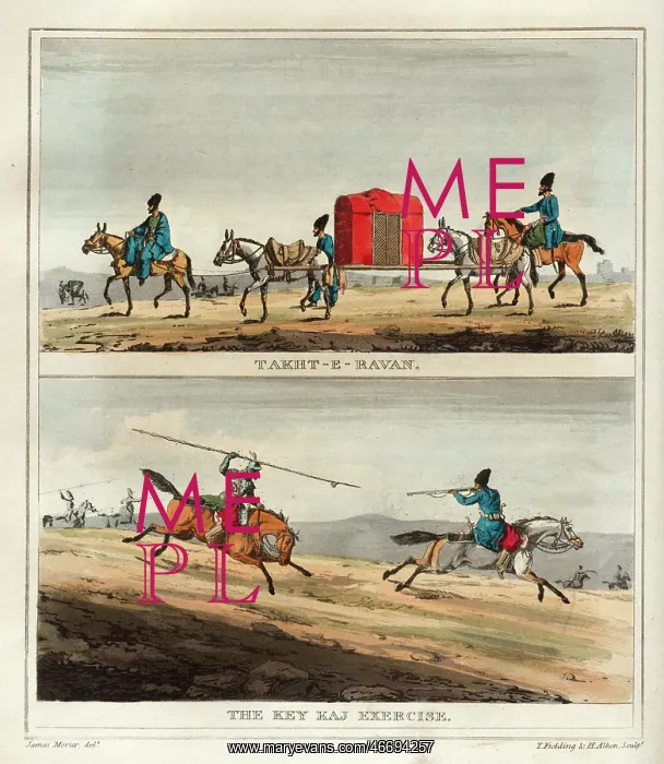 : Curtained litter and cavalry exercise, Persia : Curtained litter and cavalry exercise, Persia