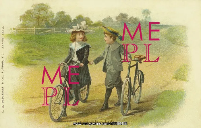 : Cycling. Let us walk a little. Edwardian girl and boy with bicycles in country scene : Cycling. Let us walk a little. Edwardian girl and boy with bicycles in country scene