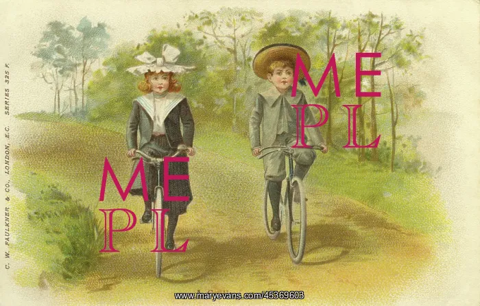 : Cycling. A Cycling we will go. Edwardian boy and girl cycling along country lane : Cycling. A Cycling we will go. Edwardian boy and girl cycling along country lane