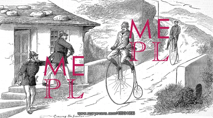 : Cyclists at a European Frontier on a Penny Farthing : Cyclists at a European Frontier on a Penny Farthing
