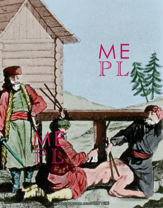 : Czarist Russia. Beating an a servant. Engraving. Colored : Czarist Russia. Beating an a servant. Engraving. Colored