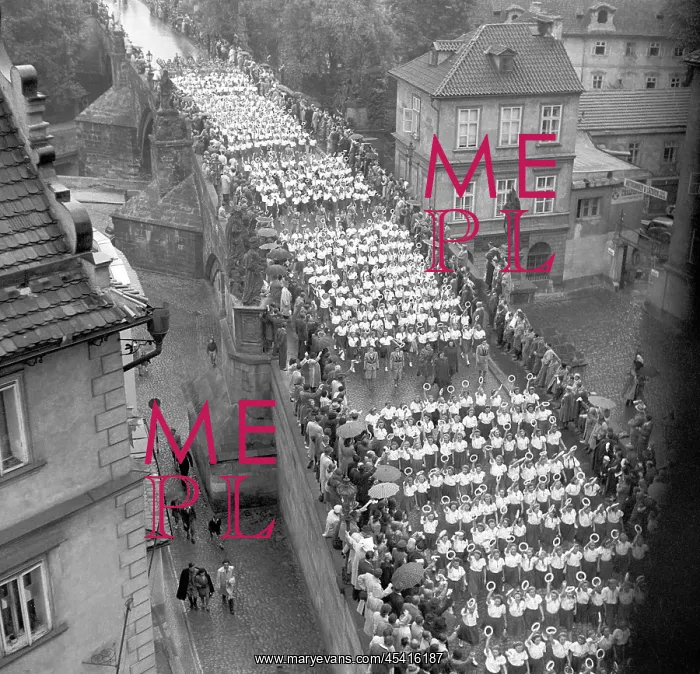 : Sokol. Czechoslovakia - Prague 1948. Charles bridge is filled up by maching Sokol members : Sokol. Czechoslovakia - Prague 1948. Charles bridge is filled up by maching Sokol members