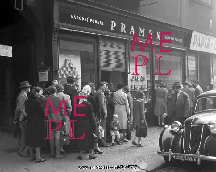 : Czechoslovakia - Prague 1949. People line up and : Czechoslovakia - Prague 1949. People line up and