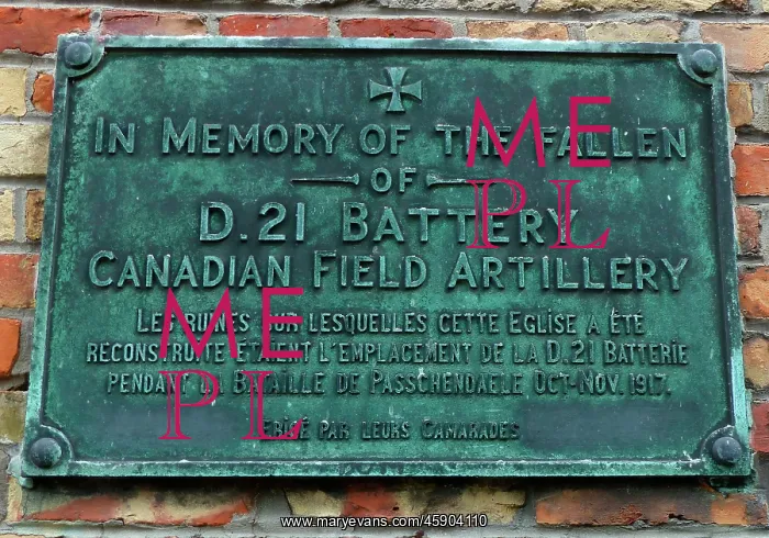 : D21 Bty, Canadian Field Artillery, Plaque, Zonnebeke Church : D21 Bty, Canadian Field Artillery, Plaque, Zonnebeke Church